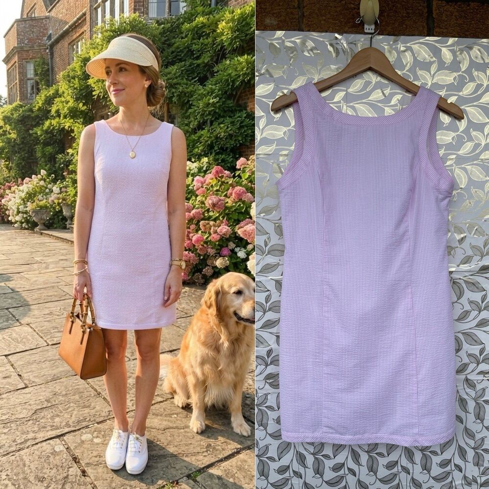 Lauren James Medium Pink Seersucker Striped Shift Dress Classic Preppy